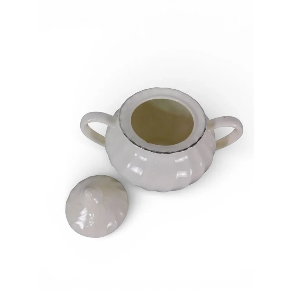 Vintage White Ceramic Sugar Bowl w Lid Double Handle Scalloped